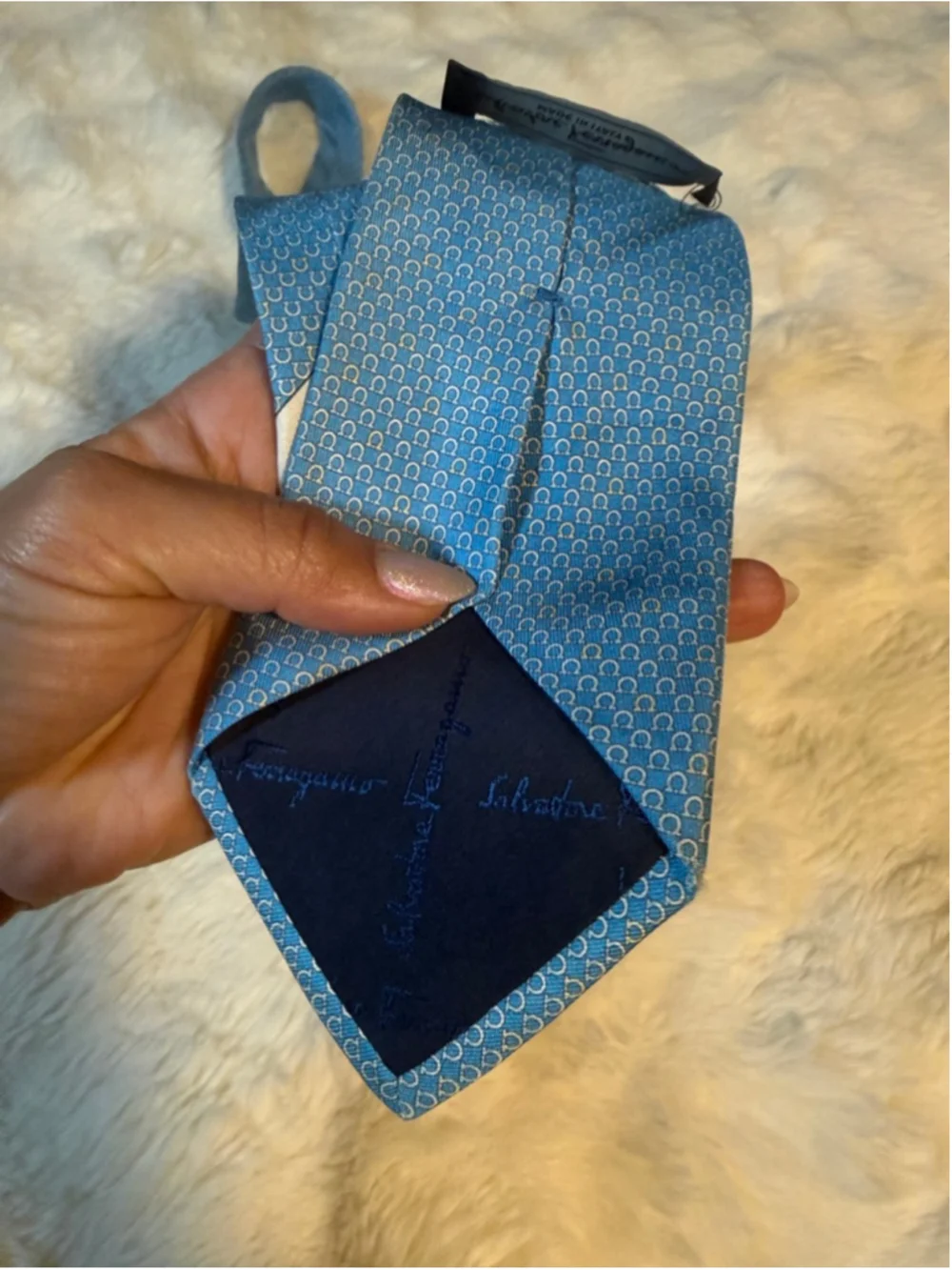 Preowned, Vintage Men's Salvatore Ferragamo Blue & White Horseshoe Silk Tie